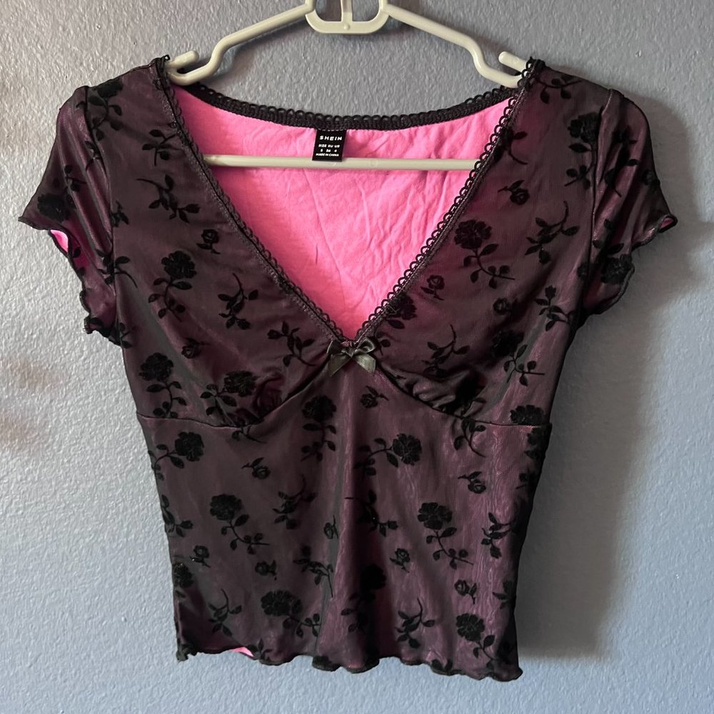 Sheer Pink and Black Rose Print Blouse